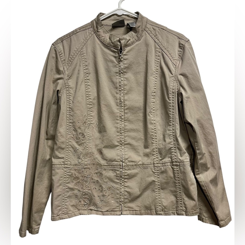 Chico’s tan jacket with embroidery & sequin embellishments Women’s size 2